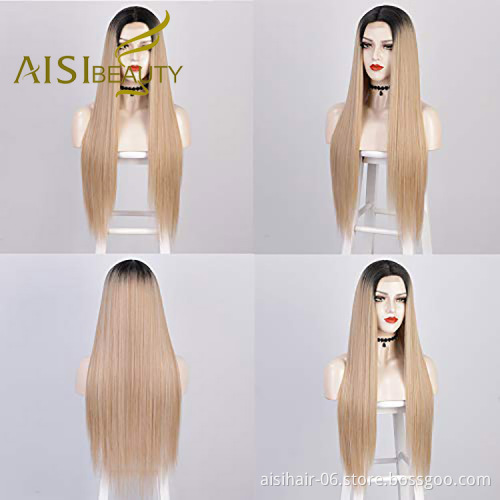 Aisi Beauty Vendor Cheap Party 26 Inch Long Straight Ombre Blonde Wig Swiss Lace Synthetic Hair For Black Women Lace Front Wig